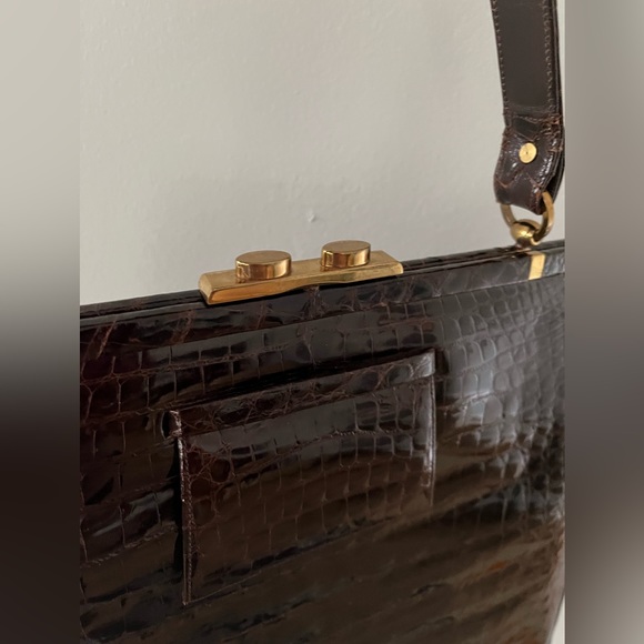 VINTAGE MANON HANDBAG GENUINE ALLIGATOR FRAME BAG DARK BROWN PURSE VTG - Picture 13 of 13